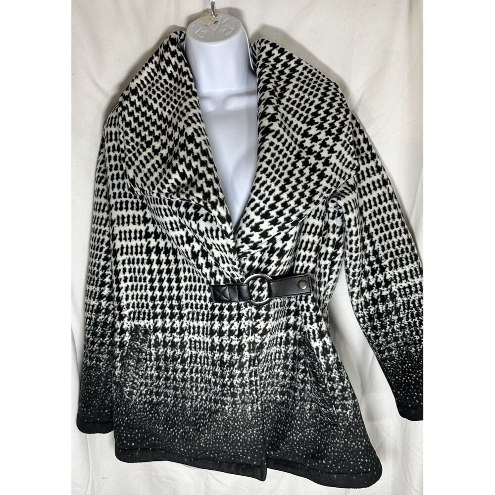 Ellen Reyes Petite  Houndstooth Fleece Jacket Coat Black White Ombre Belted PM